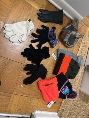 Mixed Winter Hat and Glove Lot - Black, Orange, Cream, Gray, Green